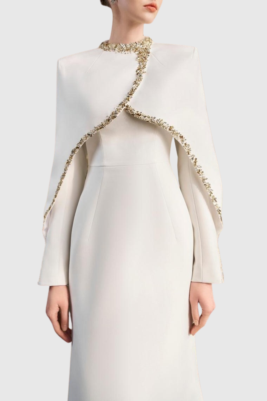 Zayne Crystal Embellished Cape Maxi Dress - White