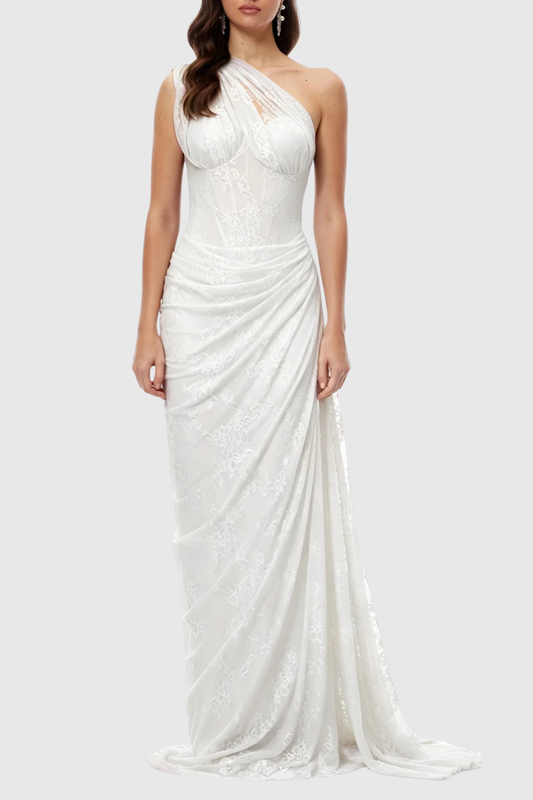 Zelma Lace One Shoulder Corset Maxi Dress - White
