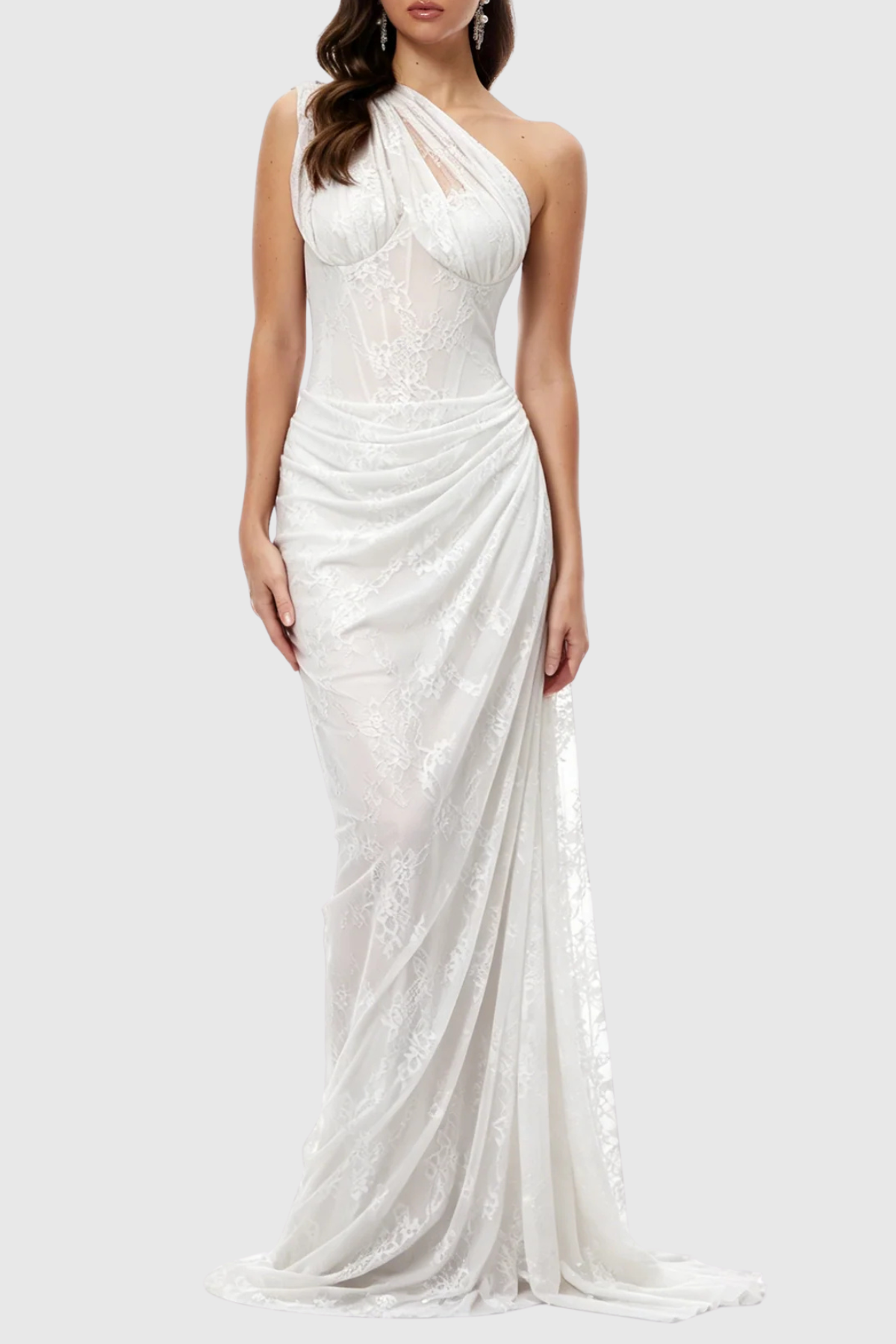 Zelma Lace One Shoulder Corset Maxi Dress - White