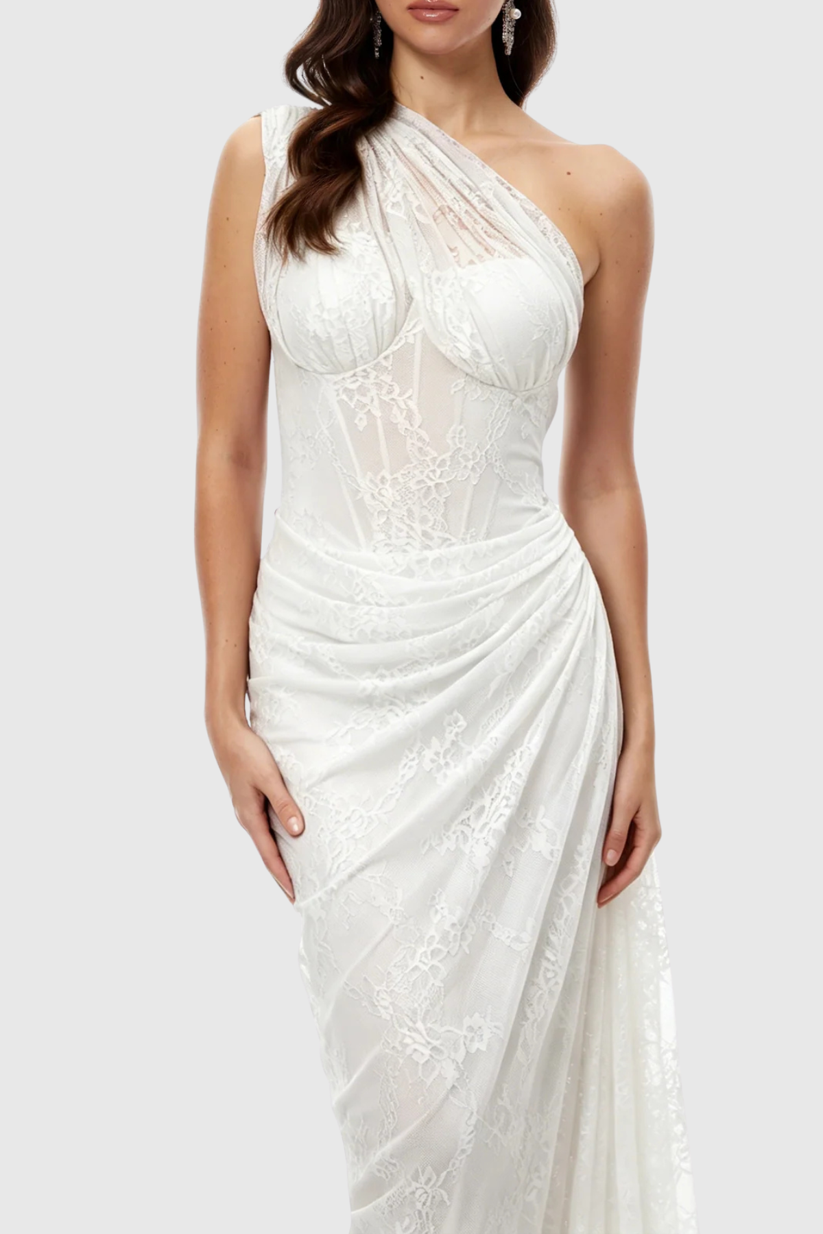 Zelma Lace One Shoulder Corset Maxi Dress - White