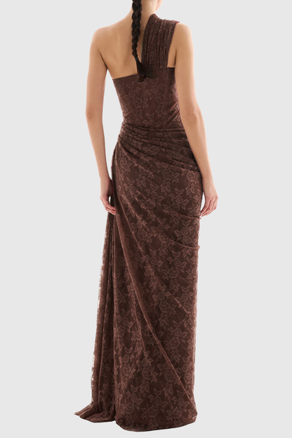 Zelma Lace One Shoulder Corset Maxi Dress - Brown