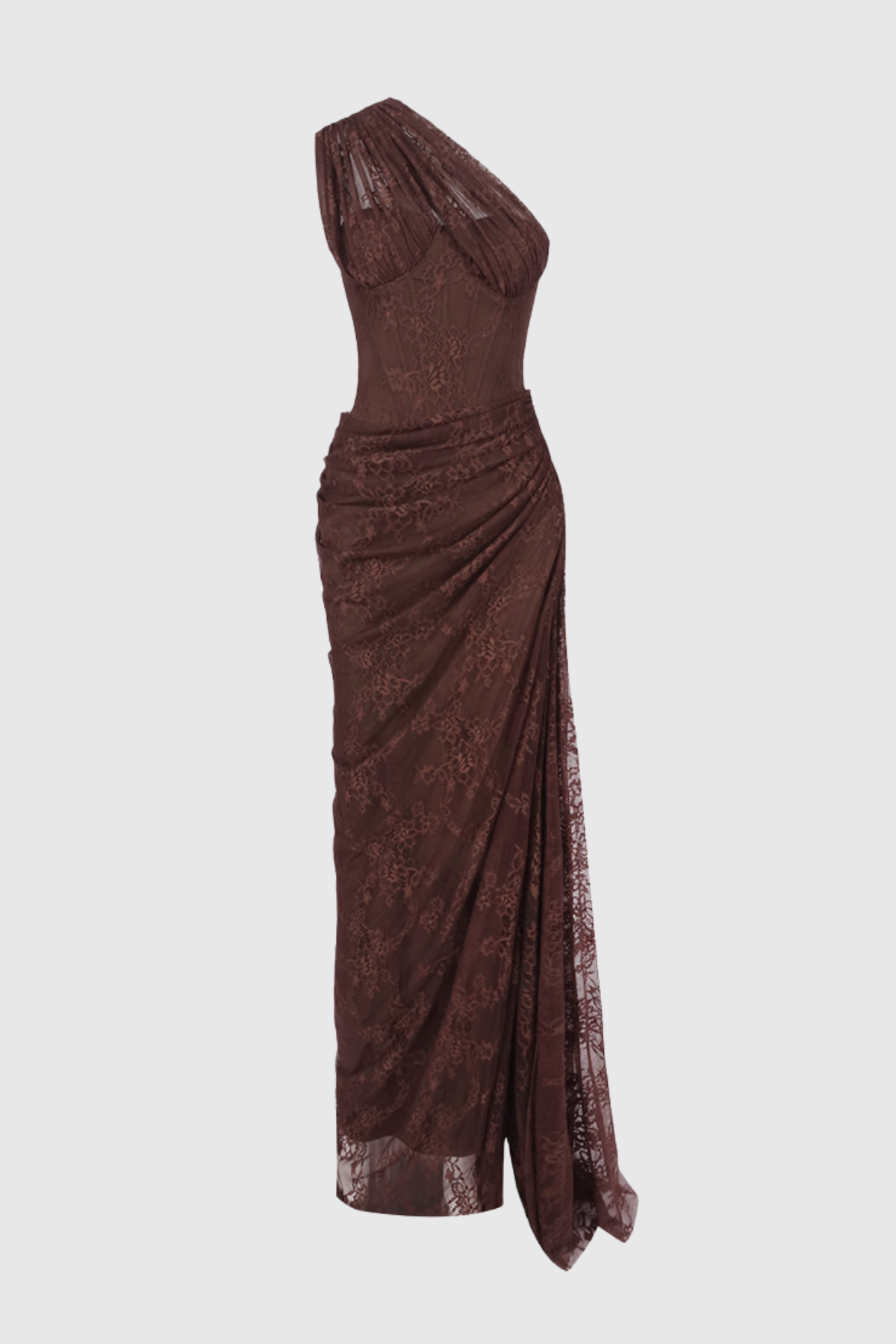 Zelma Lace One Shoulder Corset Maxi Dress - Brown