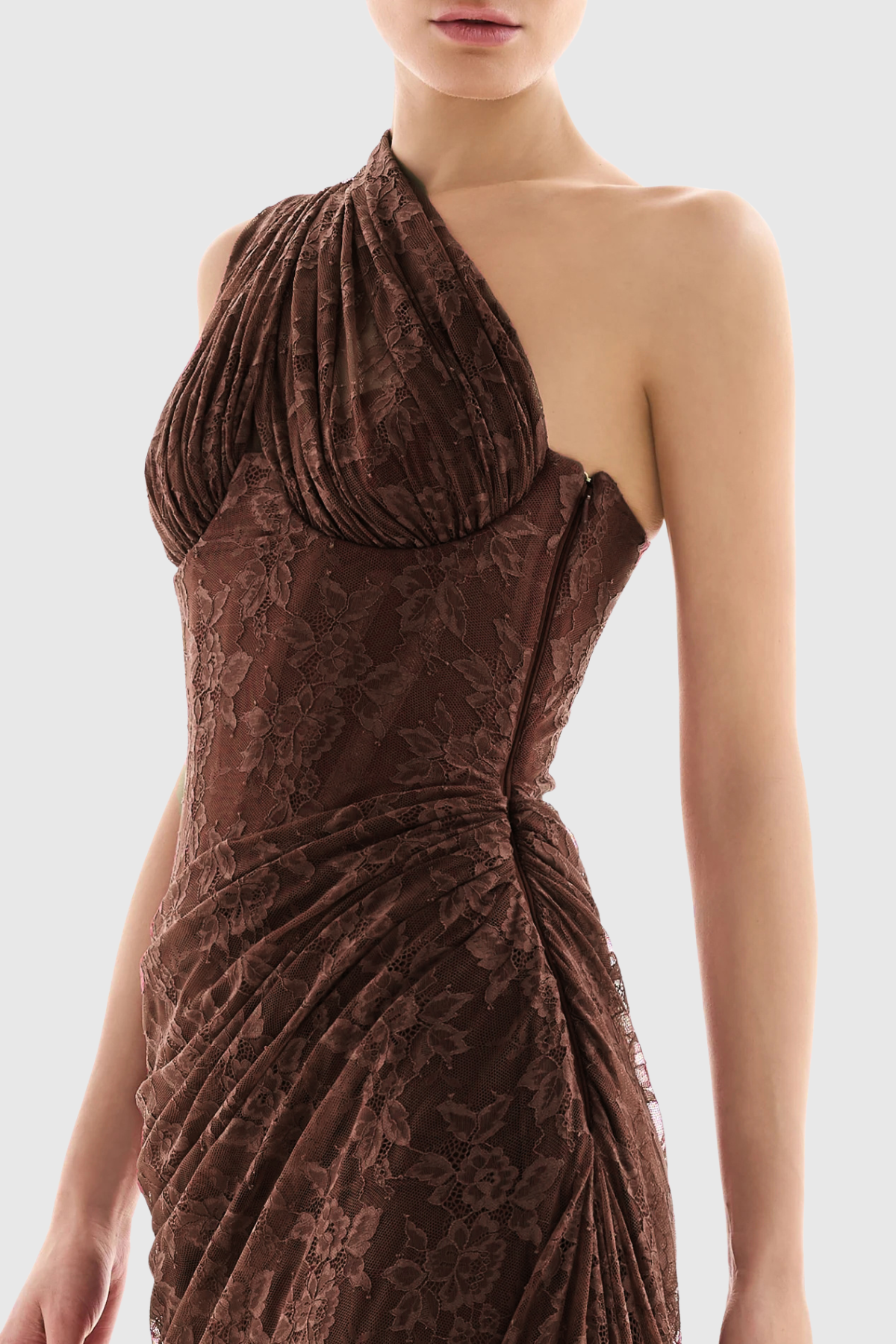 Zelma Lace One Shoulder Corset Maxi Dress - Brown
