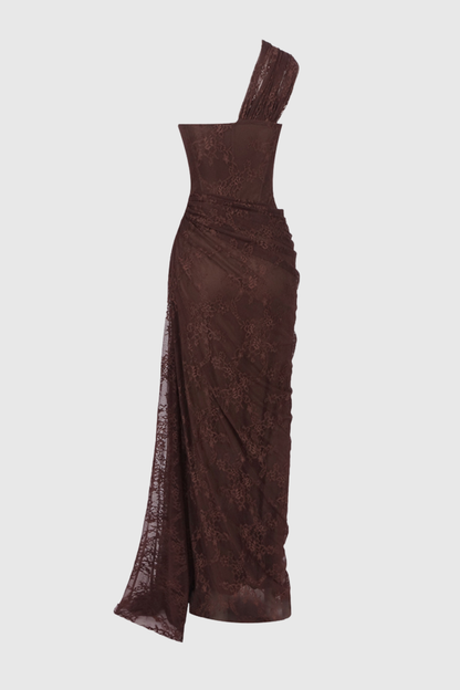 Zelma Lace One Shoulder Corset Maxi Dress - Brown