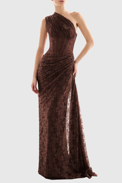 Zelma Lace One Shoulder Corset Maxi Dress - Brown