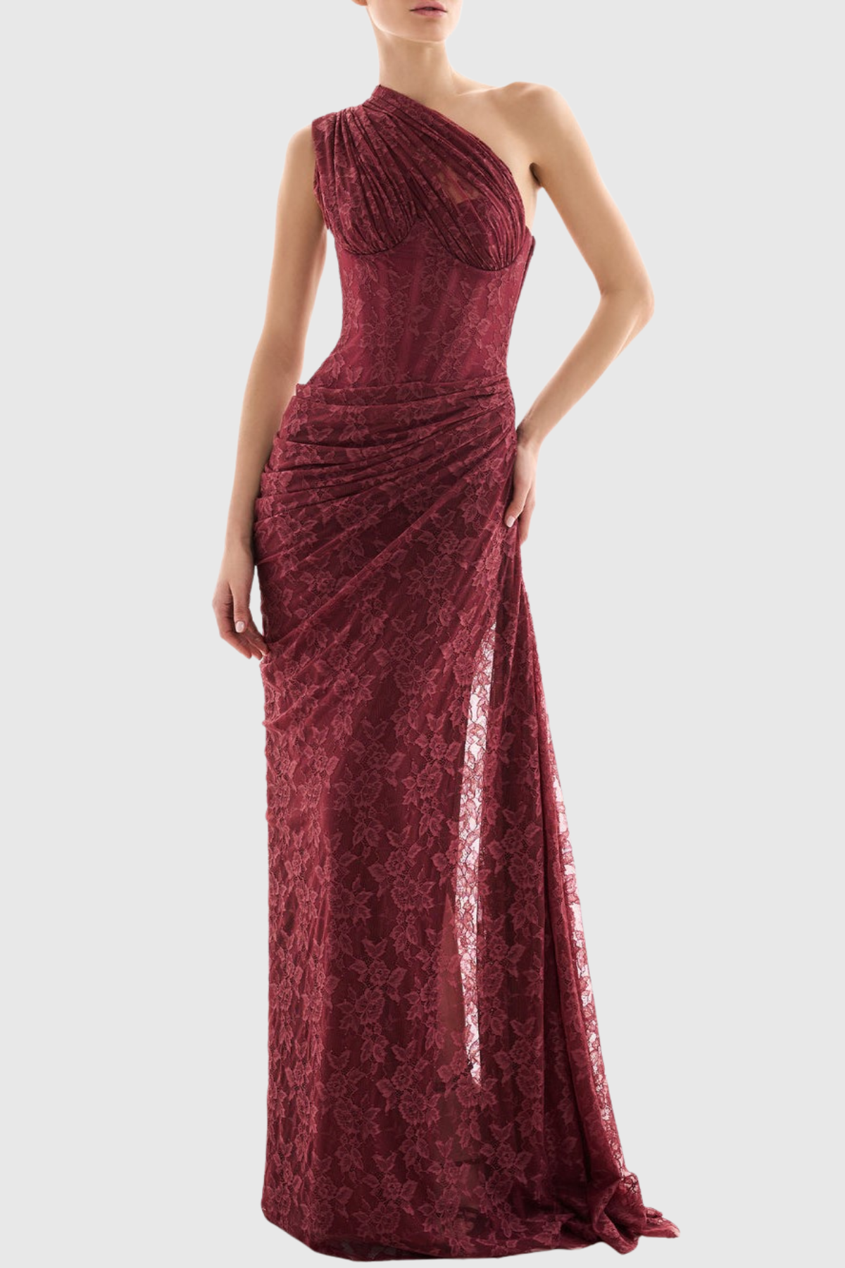 Zelma Lace One Shoulder Corset Maxi Dress - Wine