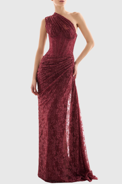 Zelma Lace One Shoulder Corset Maxi Dress - Wine