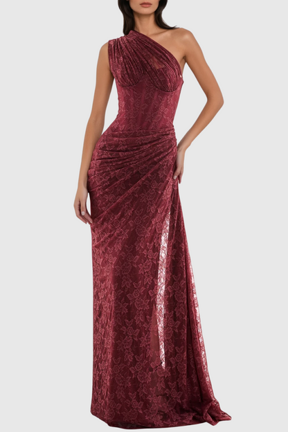 Zelma Lace One Shoulder Corset Maxi Dress - Wine