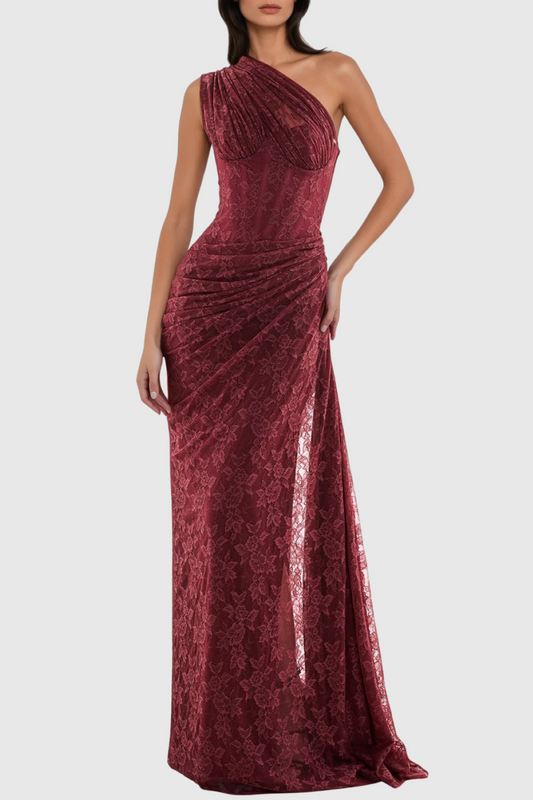 Zelma Lace One Shoulder Corset Maxi Dress - Wine