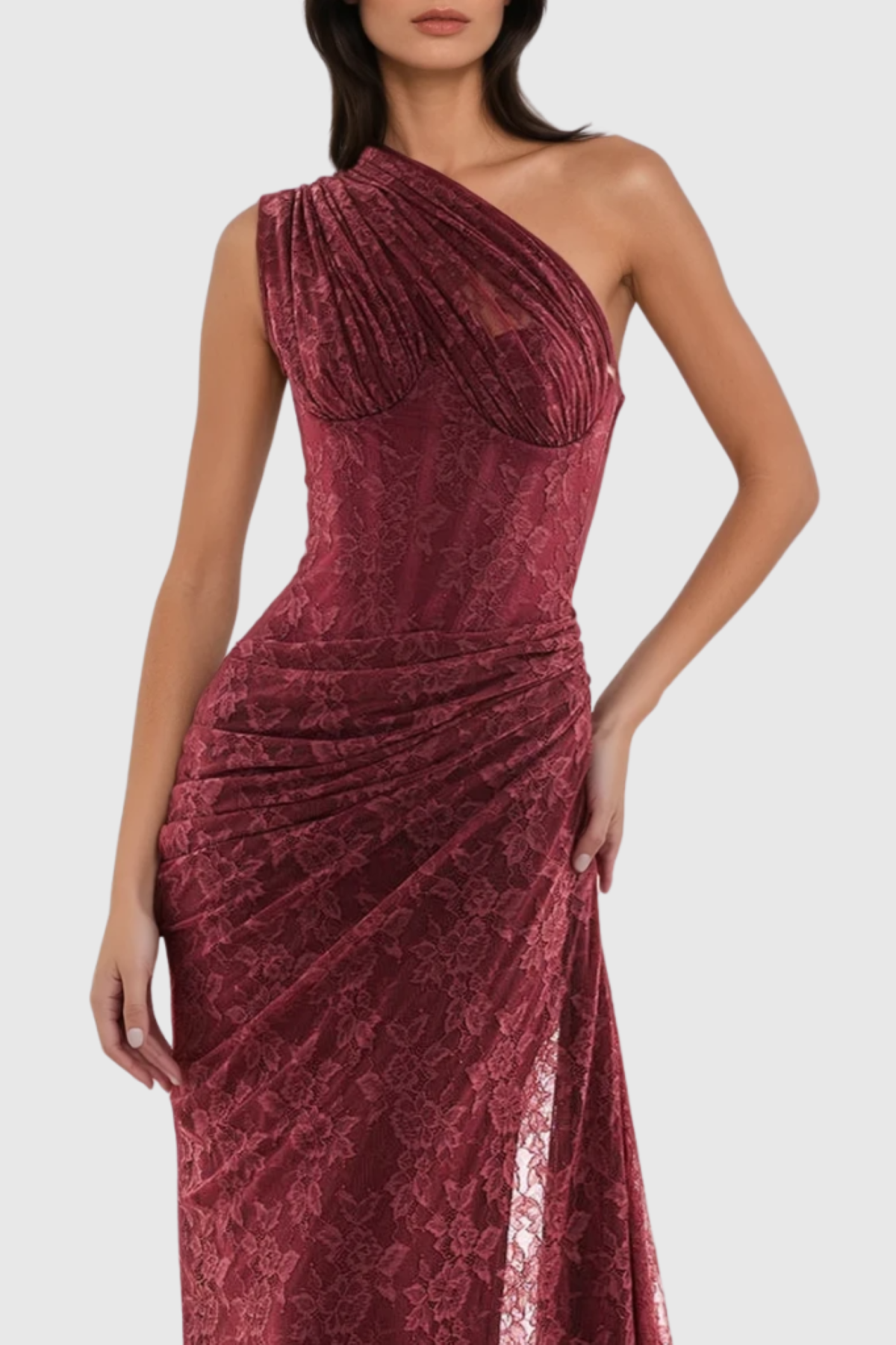 Zelma Lace One Shoulder Corset Maxi Dress - Wine