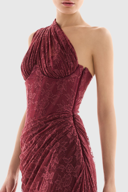 Zelma Lace One Shoulder Corset Maxi Dress - Wine