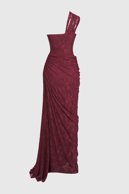 Zelma Lace One Shoulder Corset Maxi Dress - Wine