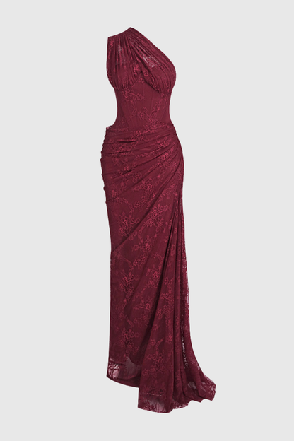 Zelma Lace One Shoulder Corset Maxi Dress - Wine