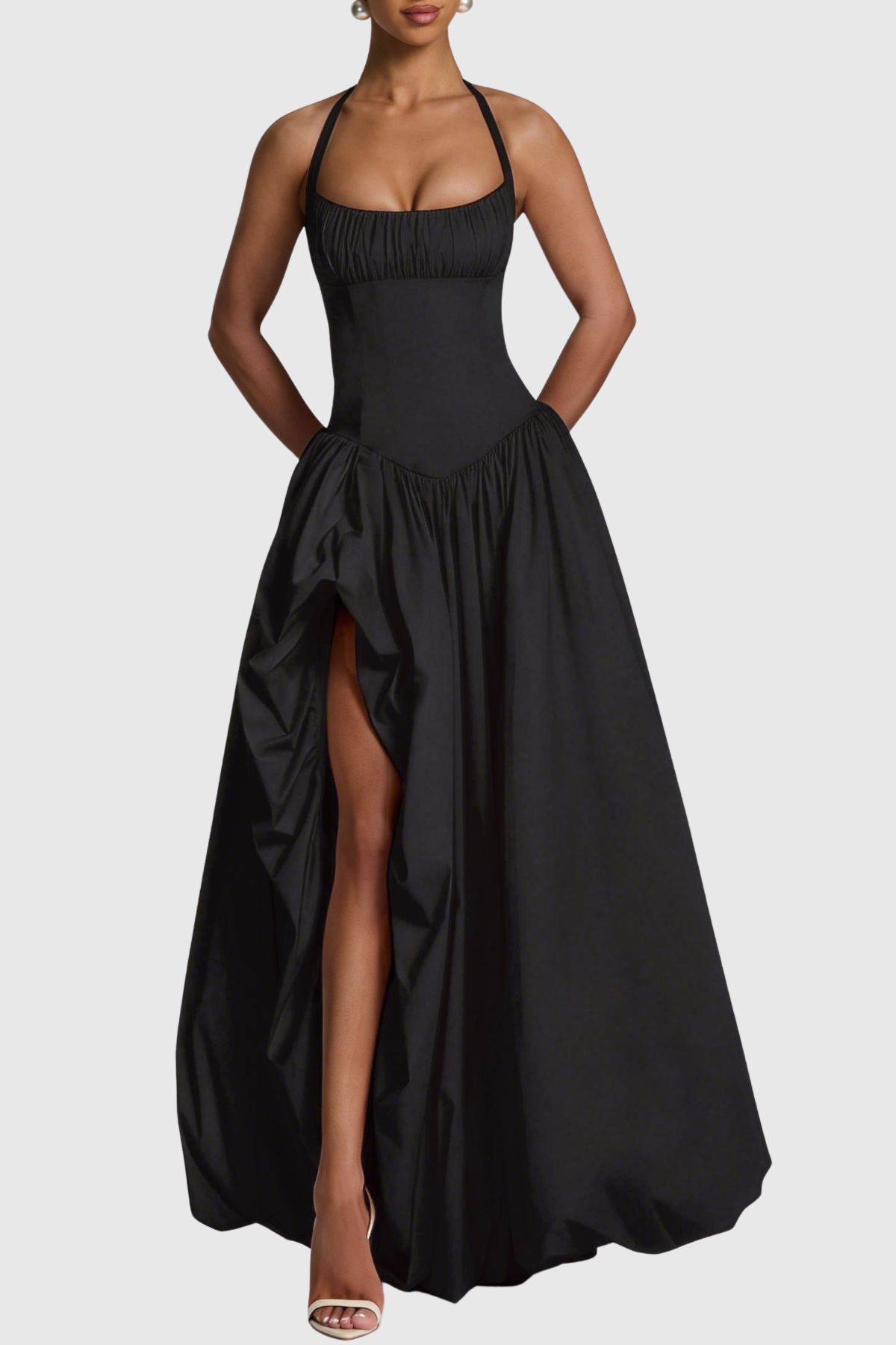 Zenite Halter Corset Ruched Midi Dress - Black