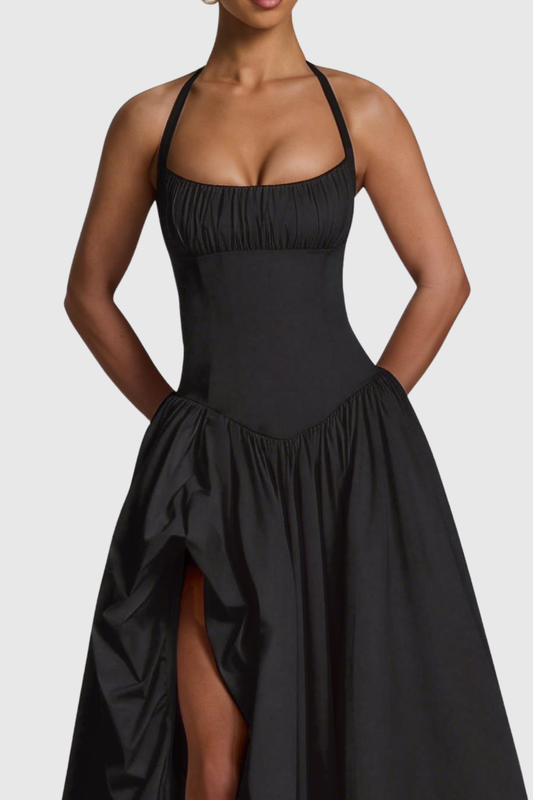 Zenite Halter Corset Ruched Midi Dress - Black