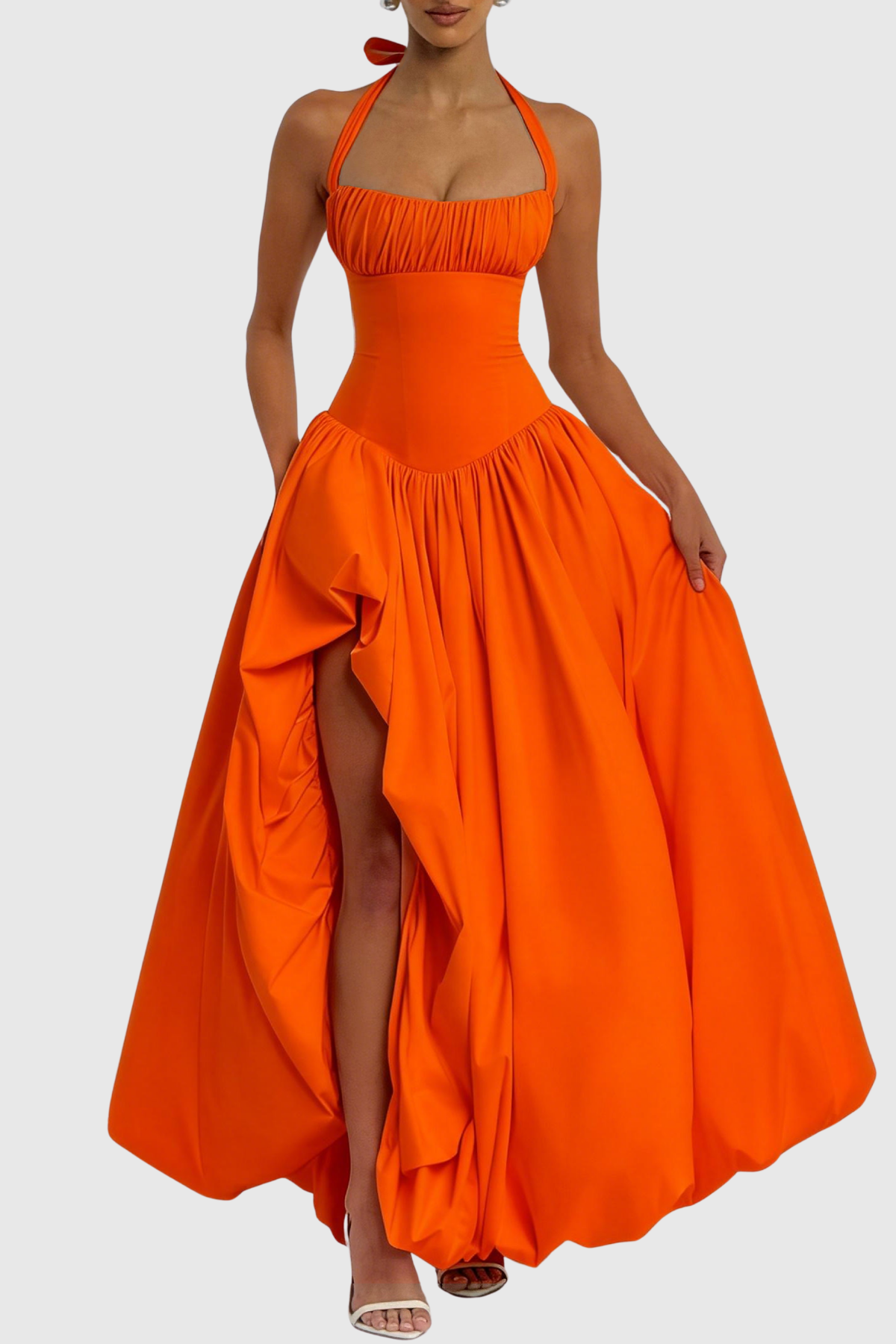 Zenite Halter Corset Ruched Midi Dress - Orange