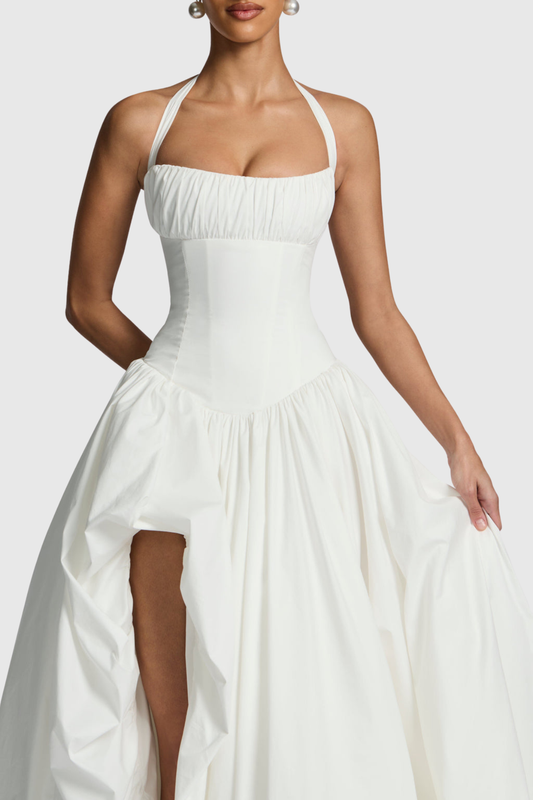 Zenite Halter Corset Ruched Midi Dress - White