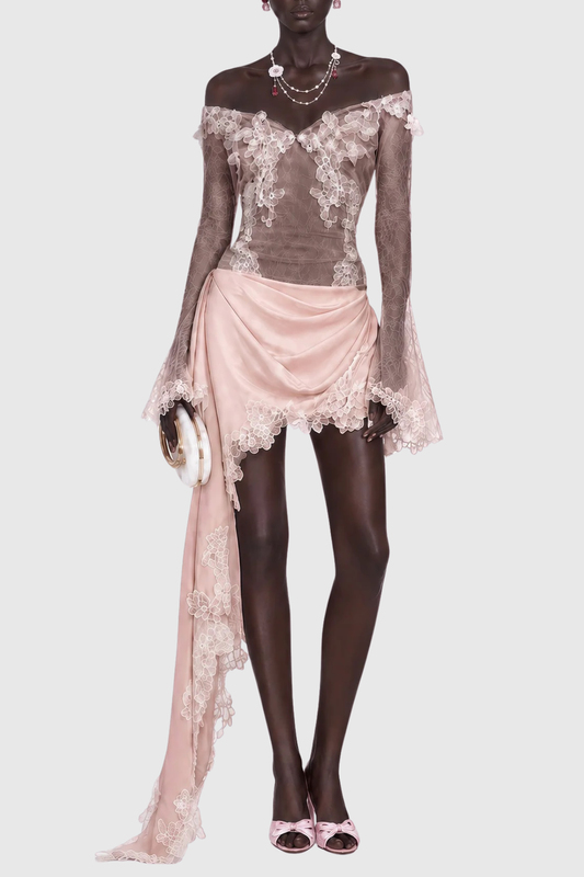 Zetara Off Shoulder Lace Trim Mini Dress