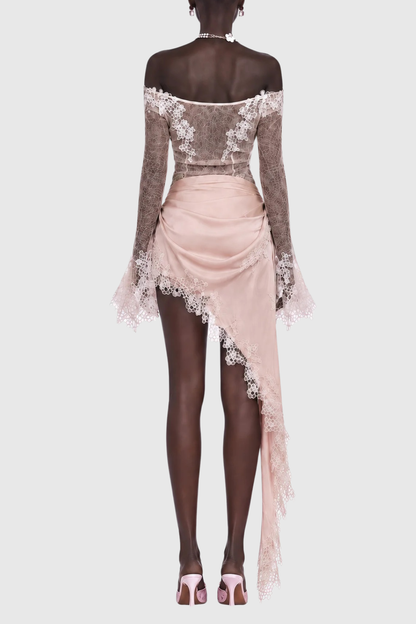 Zetara Off Shoulder Lace Trim Mini Dress