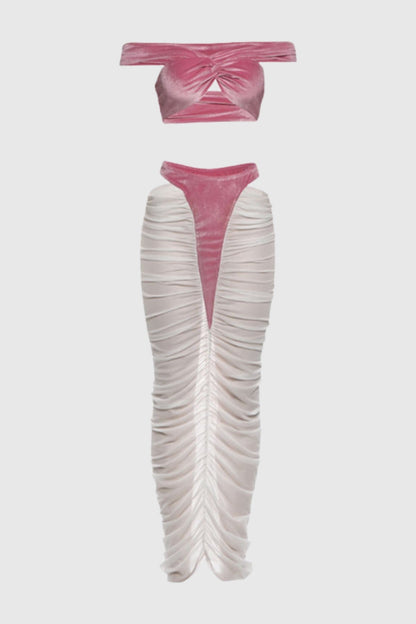 Zeusa Velvet Top & Cutout Mesh Skirt Set - Pink