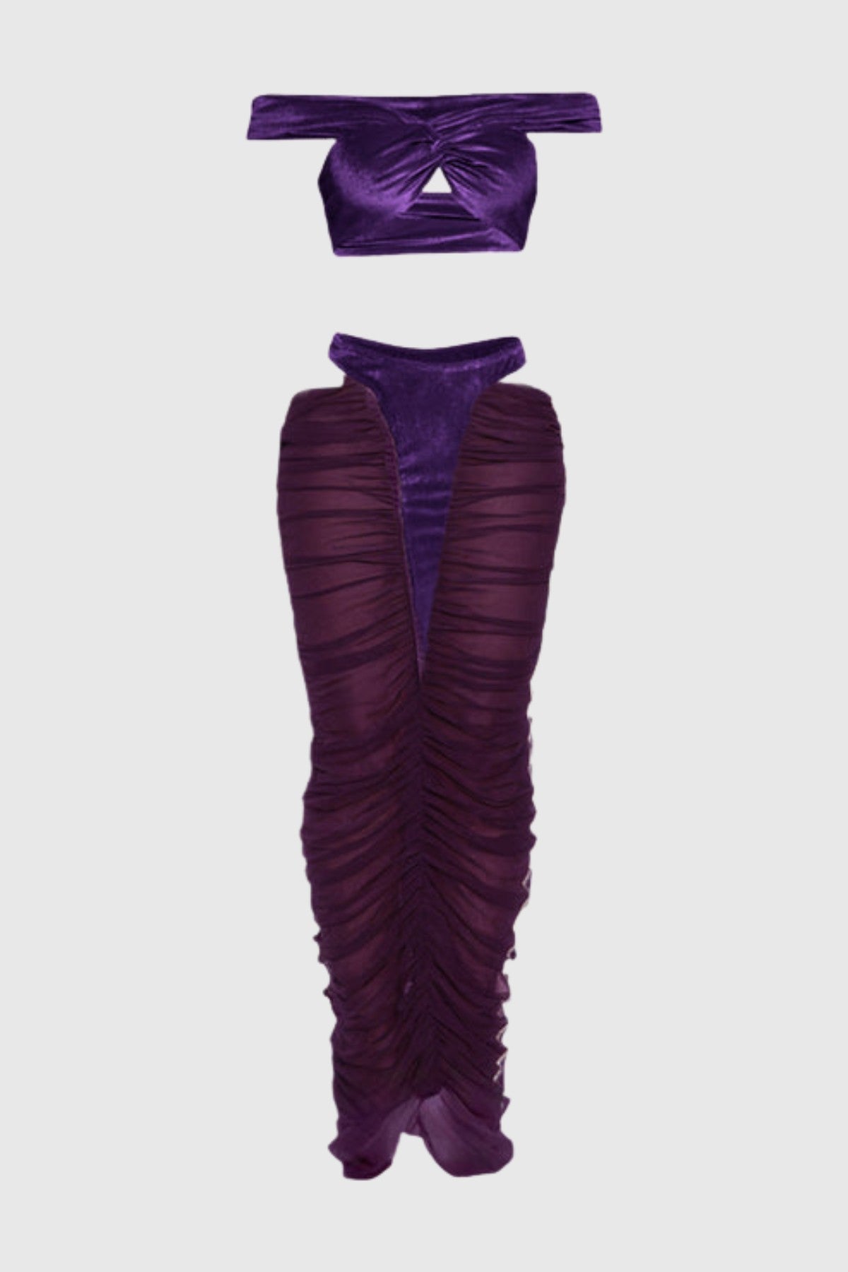 Zeusa Velvet Top & Cutout Mesh Skirt Set - Purple