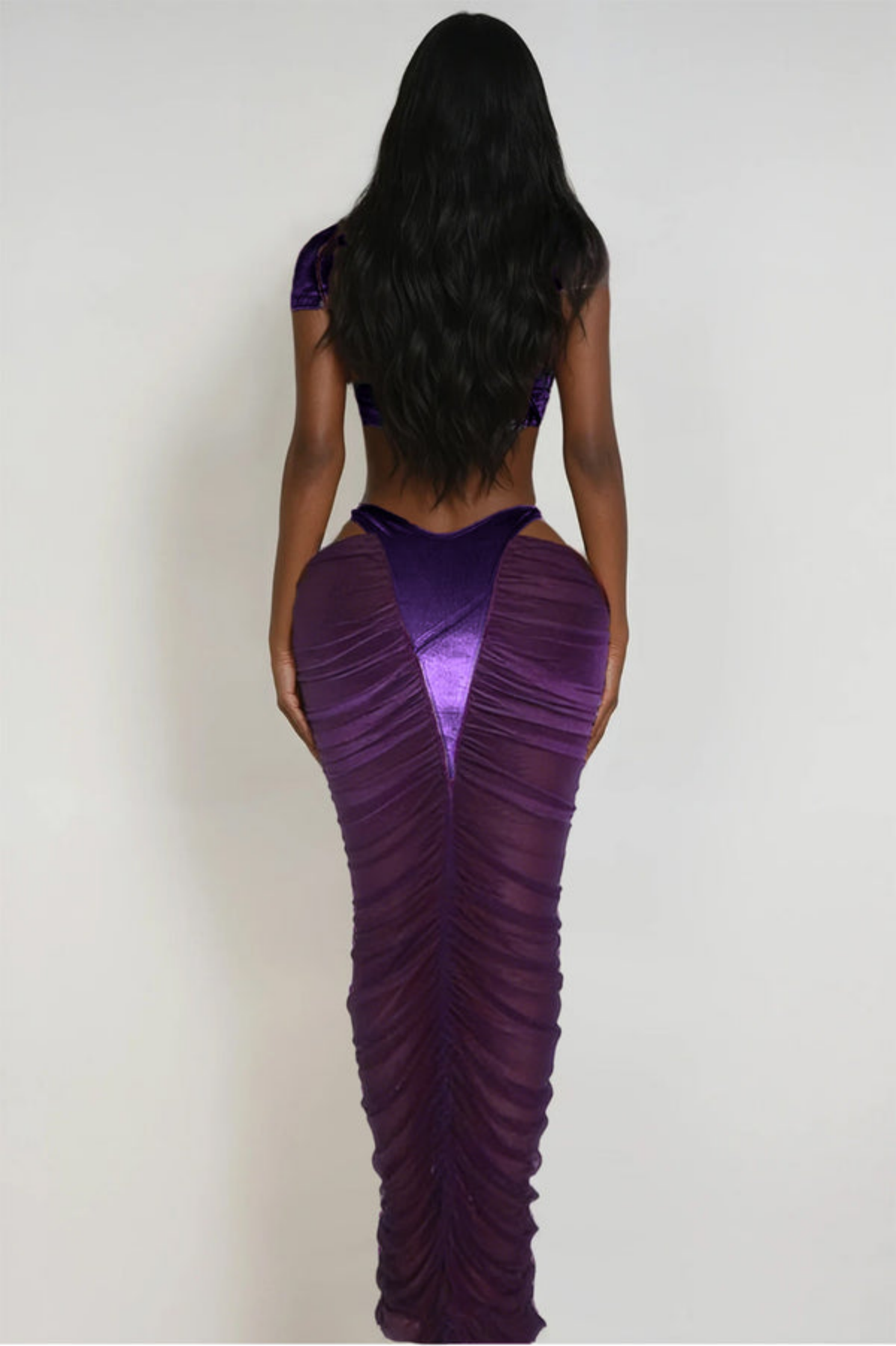 Zeusa Velvet Top & Cutout Mesh Skirt Set - Purple