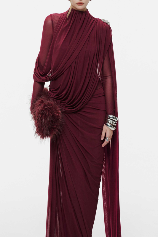 Zhuria Asymmetric Ribbon Draped Maxi Dress