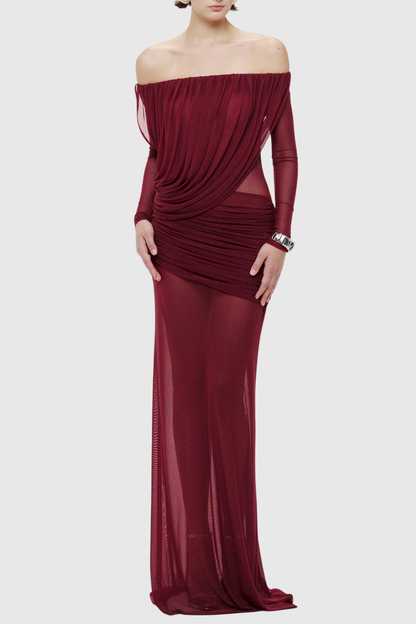 Zhuria Off Shoulder Draped Maxi Dress - Wine