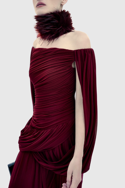 Zhuria Off Shoulder Draped Maxi Dress - Wine