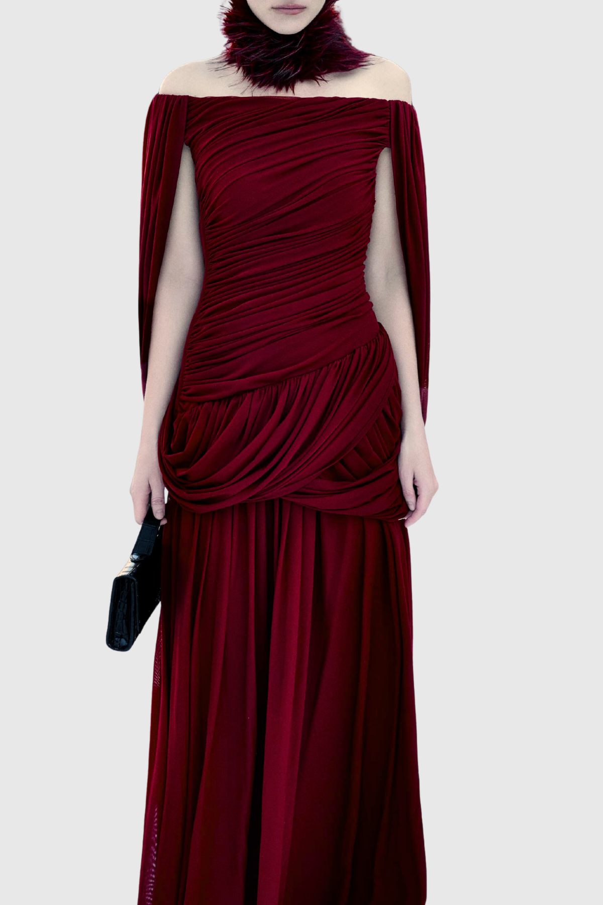 Zhuria Off Shoulder Draped Maxi Dress - Wine