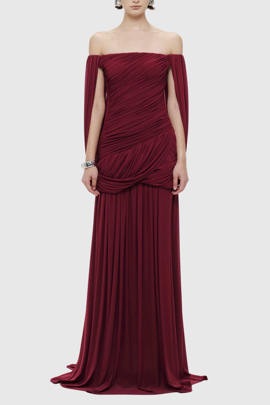 Zhuria Off Shoulder Draped Maxi Dress - Wine