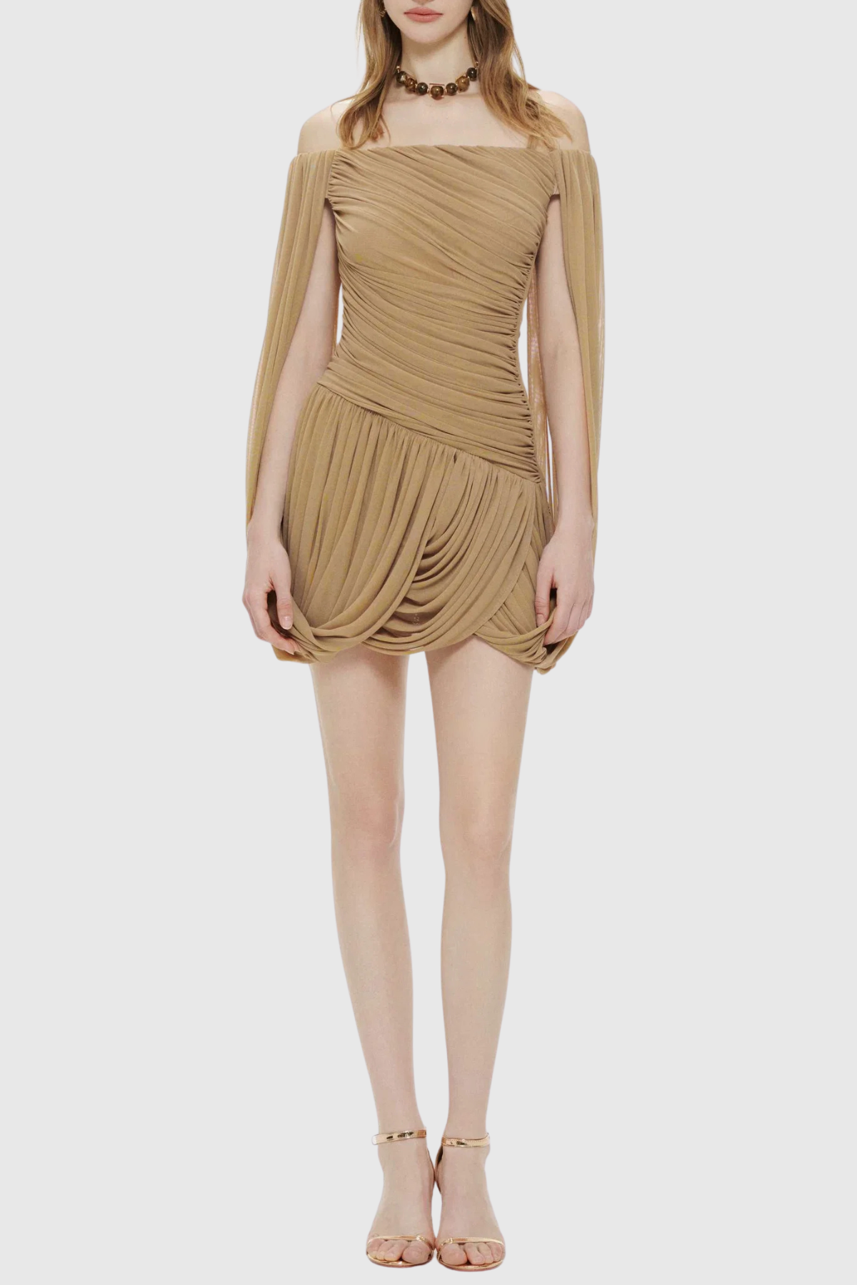Zhuria Off Shoulder Draped Mini Dress - Khaki