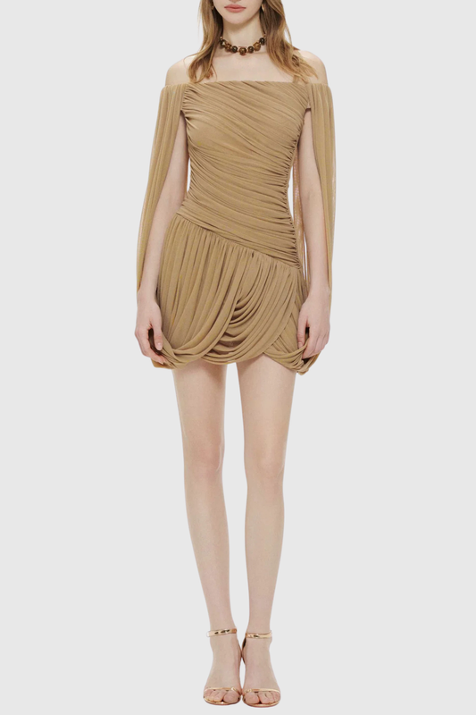 Zhuria Off Shoulder Draped Mini Dress - Khaki