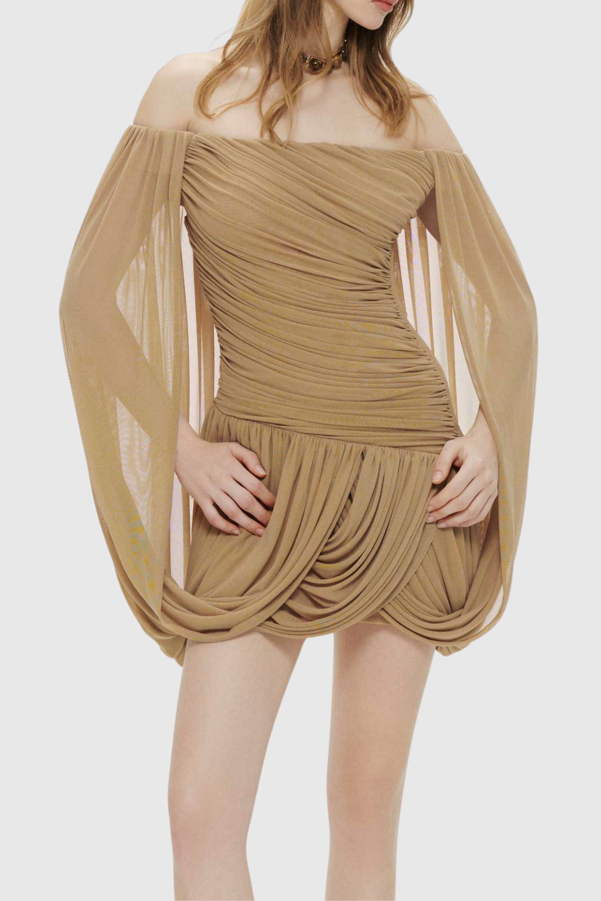 Zhuria Off Shoulder Draped Mini Dress - Khaki