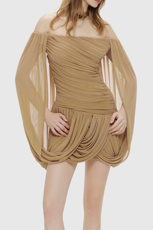 Zhuria Off Shoulder Draped Mini Dress - Khaki