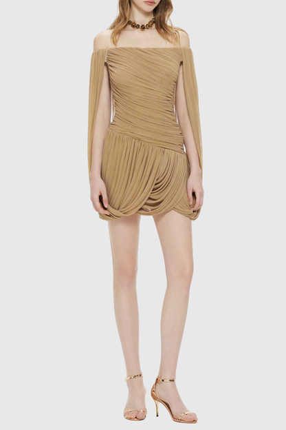 Zhuria Off Shoulder Draped Mini Dress - Khaki