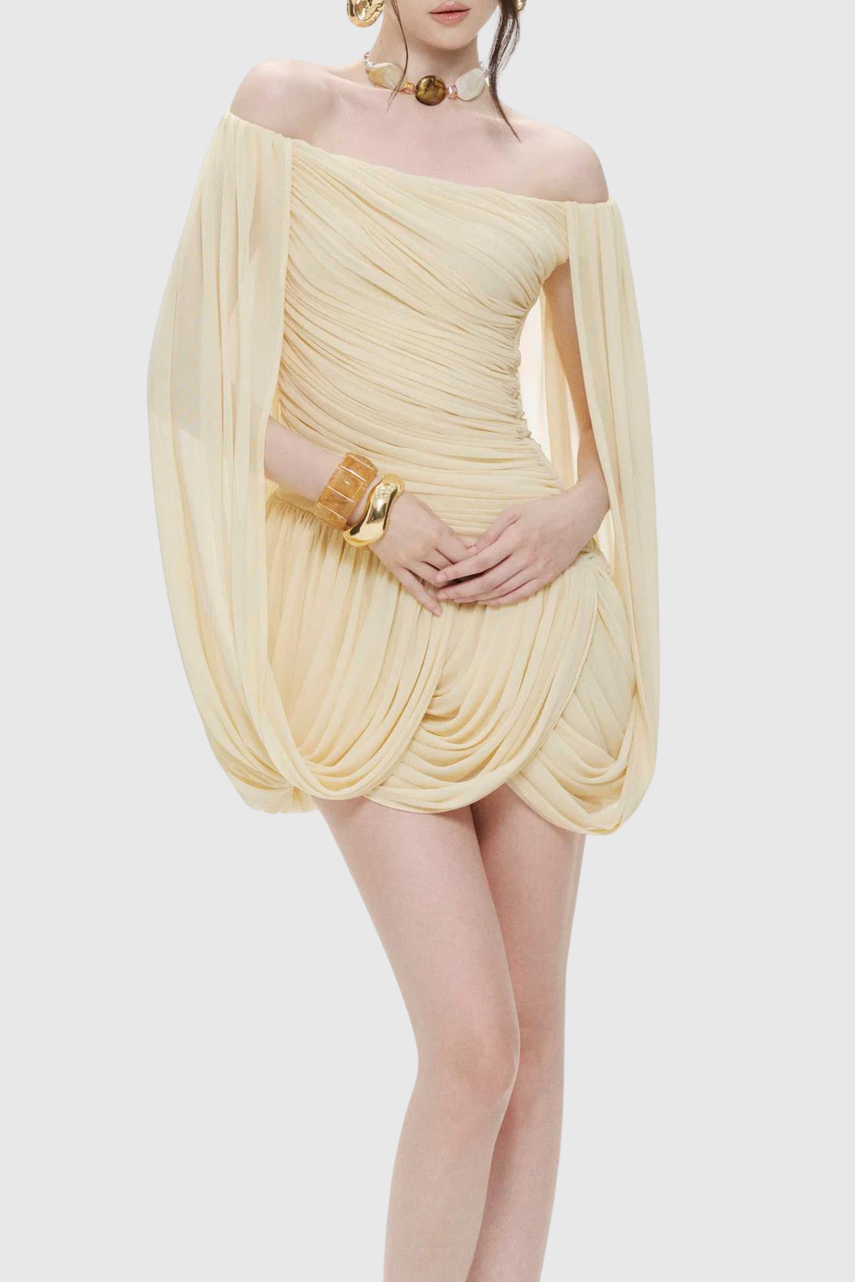 Zhuria Off Shoulder Draped Mini Dress - Yellow