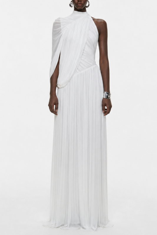 Zhuria One Shoulder Asymmetric Draped Maxi Dress - White