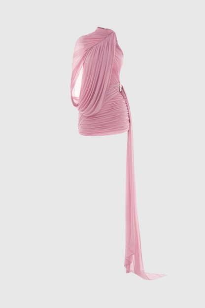 Zhuria One Shoulder Asymmetric Draped Mini Dress - Pink