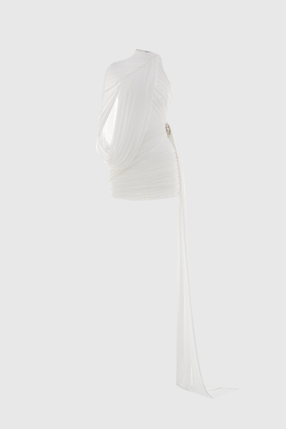 Zhuria One Shoulder Asymmetric Draped Mini Dress - White