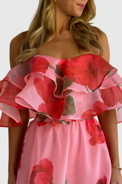 Ziley Off Shoulder Floral Top & Maxi Skirt Set - Red