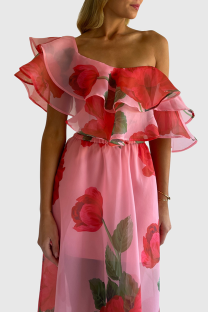 Ziley Off Shoulder Floral Top & Maxi Skirt Set - Red