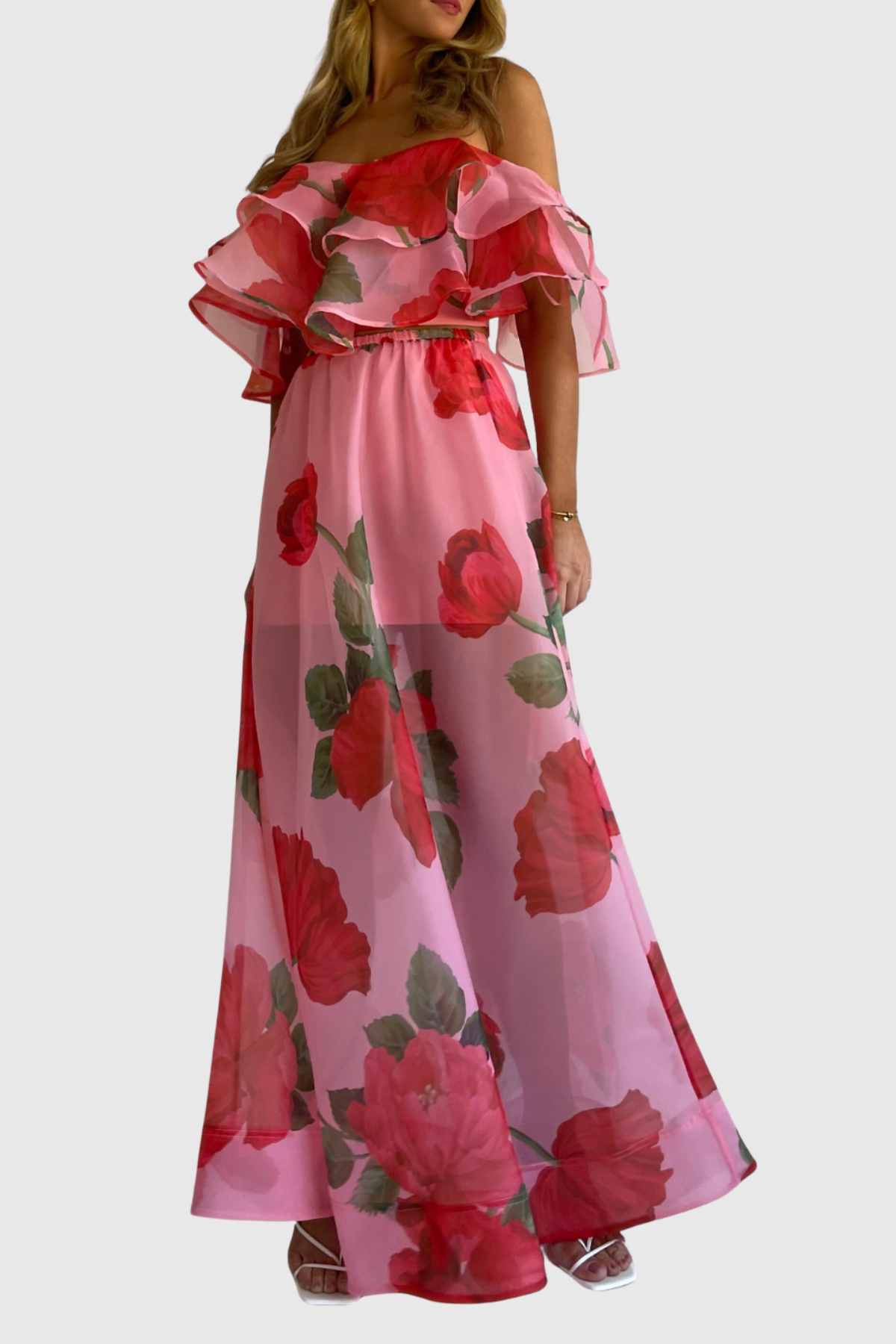 Ziley Off Shoulder Floral Top & Maxi Skirt Set - Red