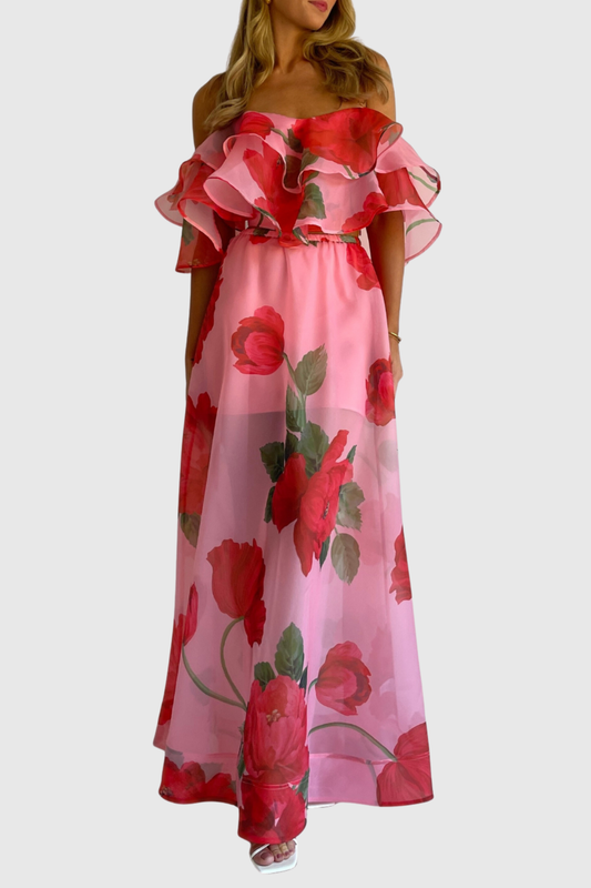Ziley Off Shoulder Floral Top & Maxi Skirt Set - Red