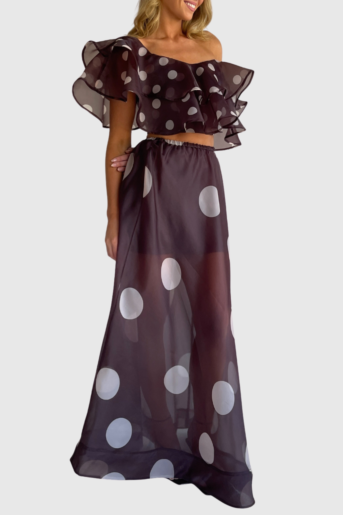 Ziley Off Shoulder Polka Dot Top & Maxi Skirt Set - Black