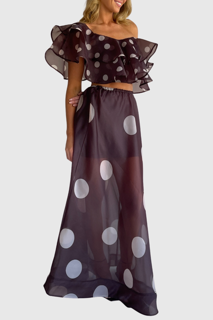 Ziley Off Shoulder Polka Dot Top & Maxi Skirt Set - Black