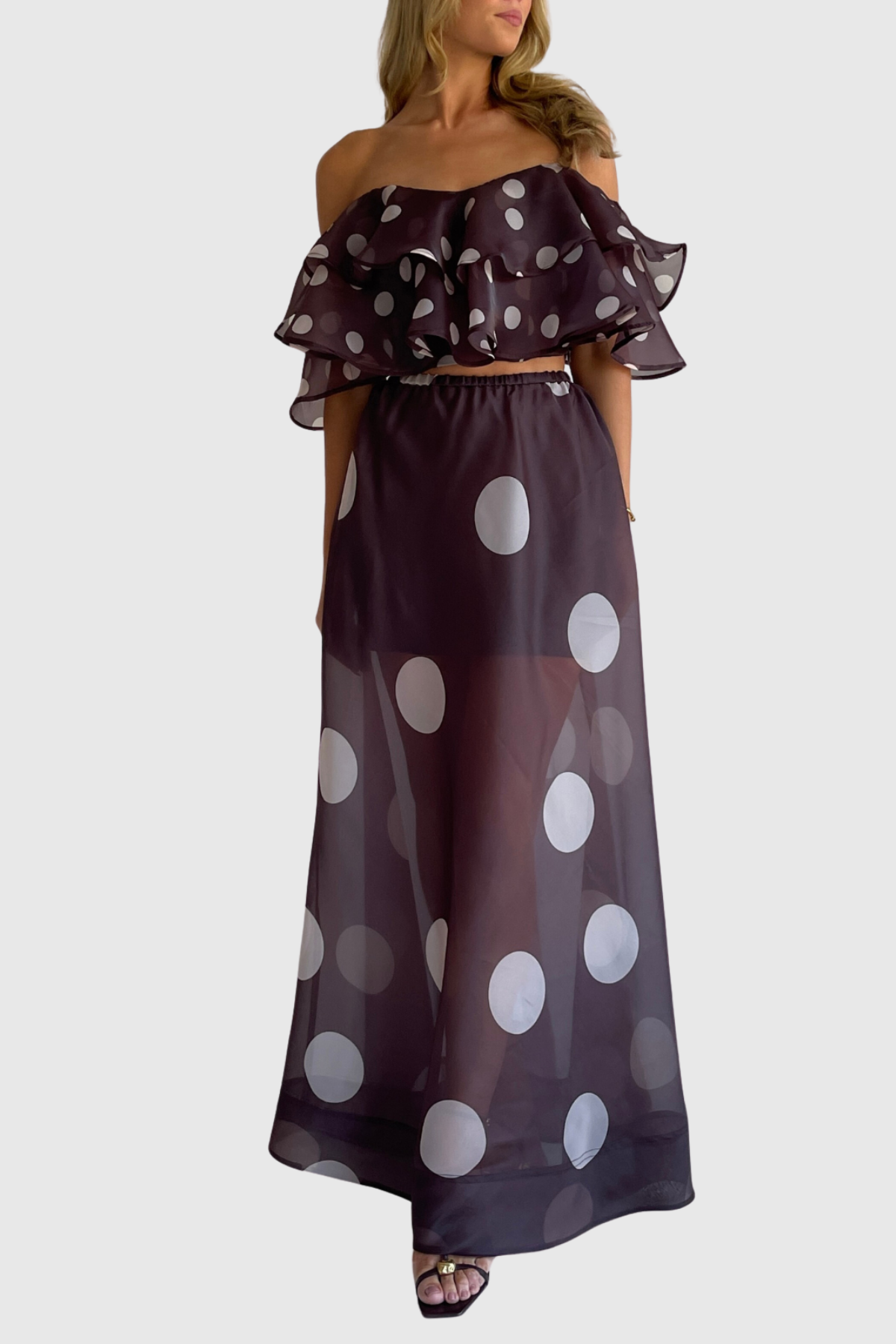 Ziley Off Shoulder Polka Dot Top & Maxi Skirt Set - Black