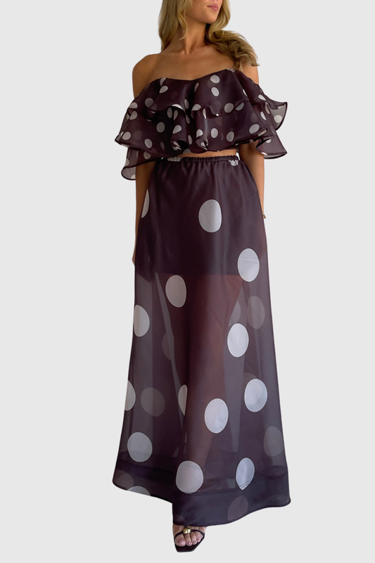 Ziley Off Shoulder Polka Dot Top & Maxi Skirt Set - Black
