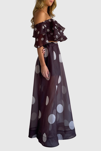Ziley Off Shoulder Polka Dot Top & Maxi Skirt Set - Black