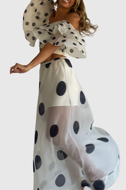 Ziley Off Shoulder Polka Dot Top & Maxi Skirt Set - White